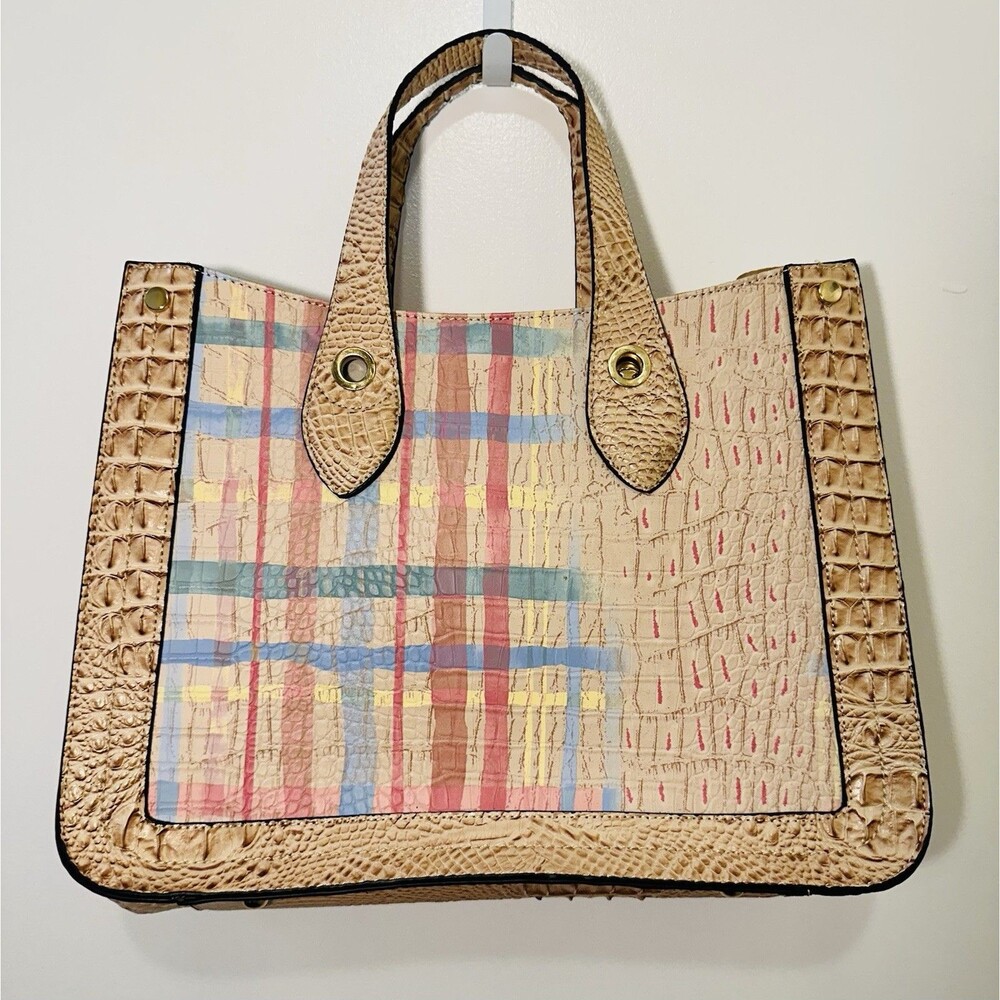Cato Patchwork Plaid Faux Croc Embossed Tote Bag Tan Structured Shopper